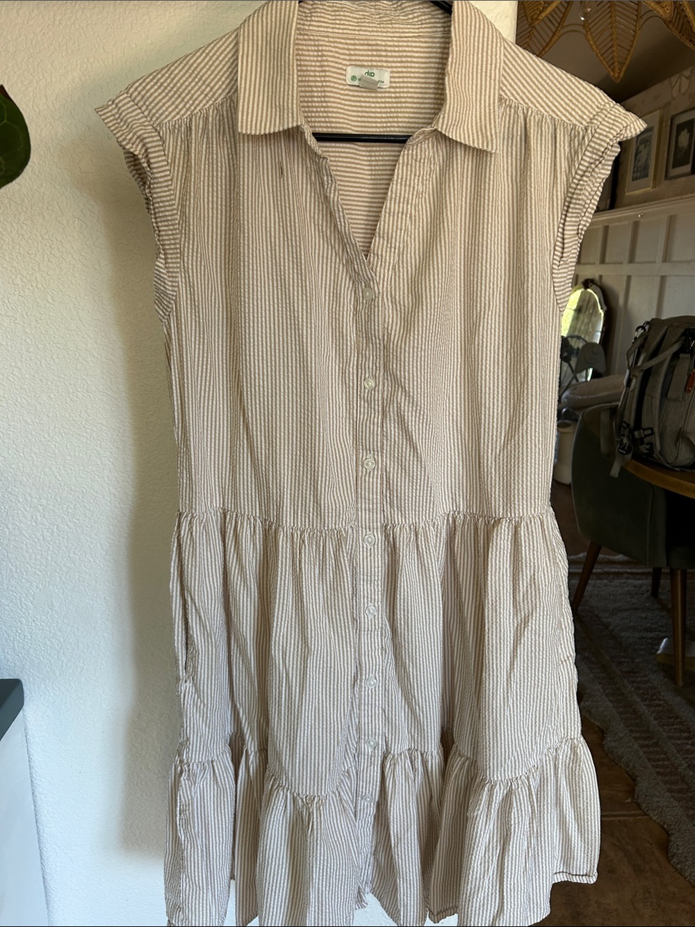 dip Cream and Tan Striped Button-Front Tiered Dress